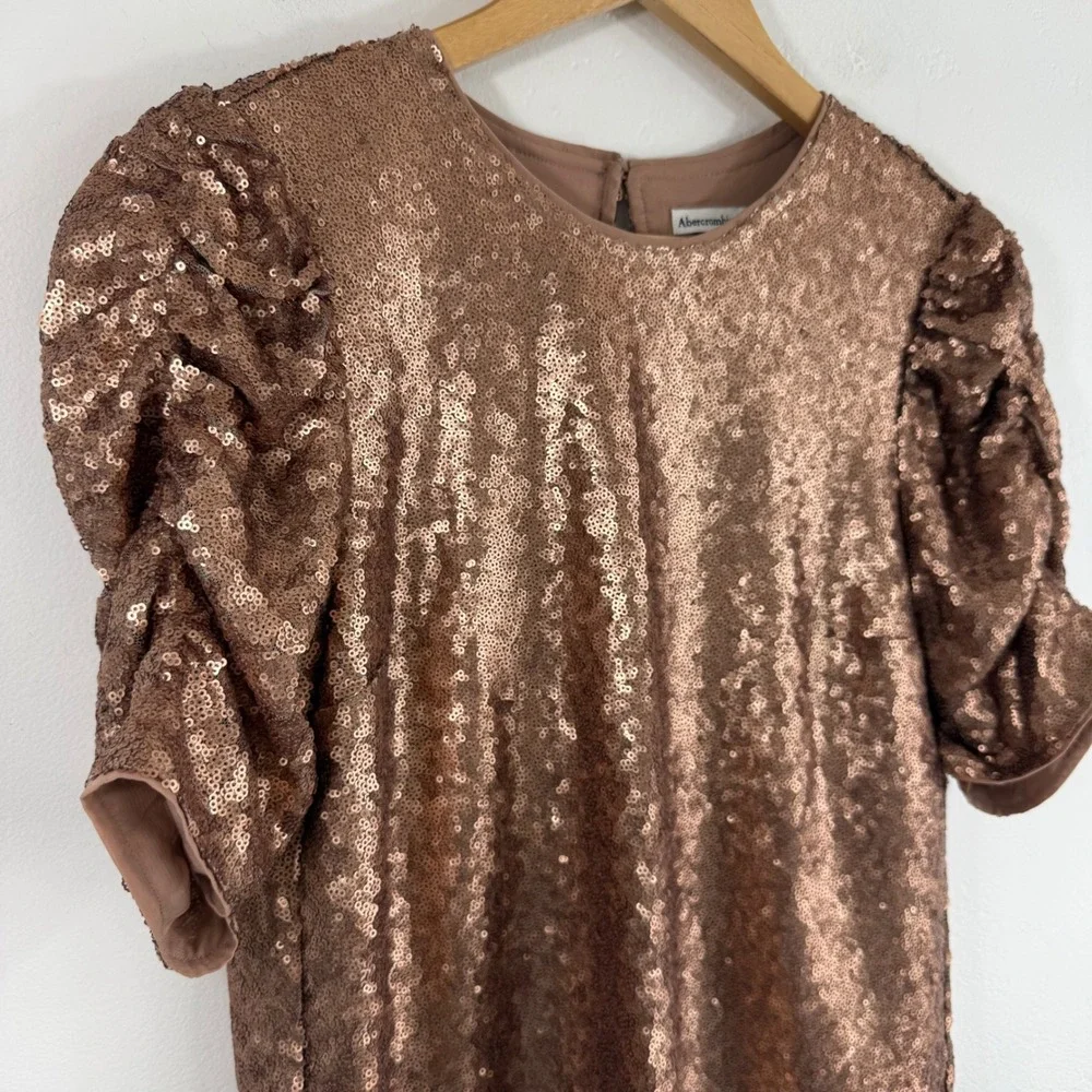 Abercrombie & Fitch Sequin Puff Sleeve Top Small Rose Gold Holiday Party Glam